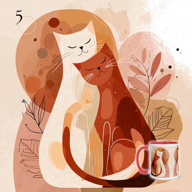 May include: Illustration of two embracing cats in shades of white and orange, set against a warm, earthy background with botanical elements. A matching mug with the same design is also visible, featuring a red interior and handle.