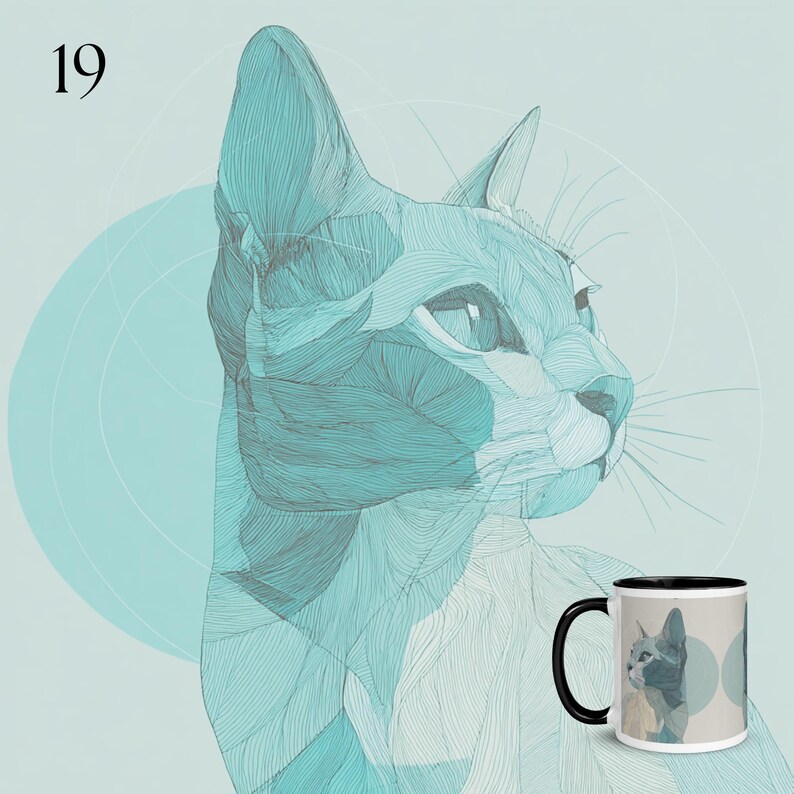 May include: A ceramic mug with a black handle and rim featuring a stylized teal and light blue line art illustration of a cat head. The number 19 is printed in the top left corner of the background, which displays the same cat graphic.