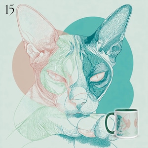 May include: A ceramic mug featuring a detailed line art illustration of a Sphynx cat in shades of teal and coral. The cat is depicted with large ears and expressive eyes, set against overlapping circular shapes. The number 15 appears in the top left corner.