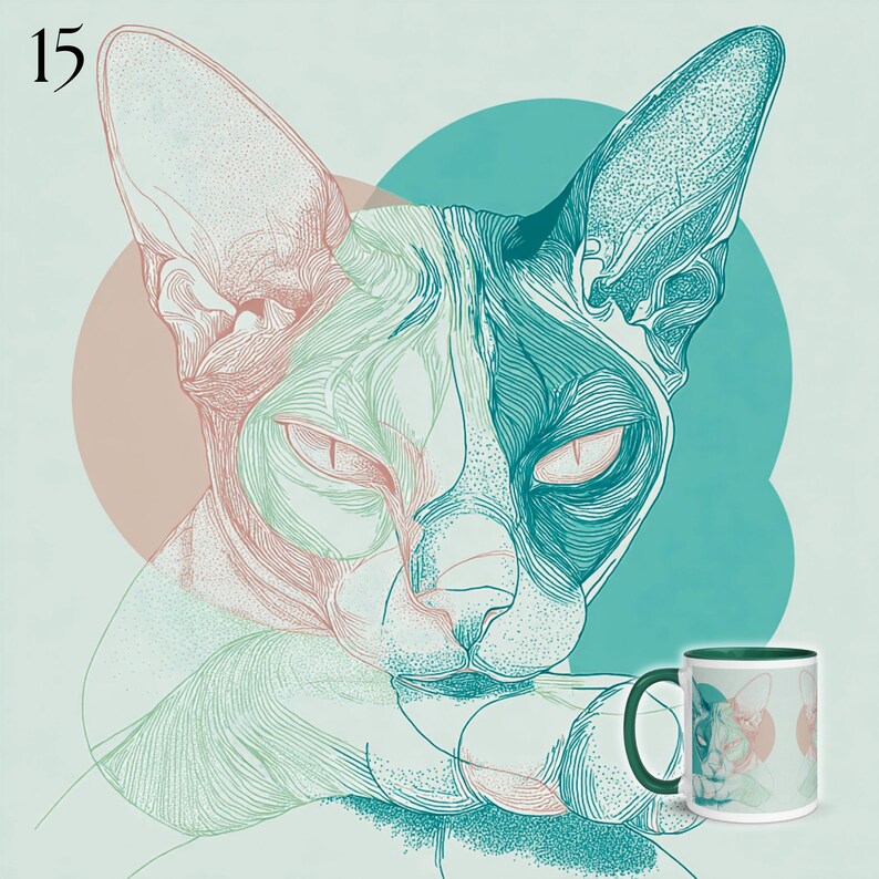 May include: A ceramic mug featuring a detailed line art illustration of a Sphynx cat in shades of teal and coral. The cat is depicted with large ears and expressive eyes, set against overlapping circular shapes. The number 15 appears in the top left corner.