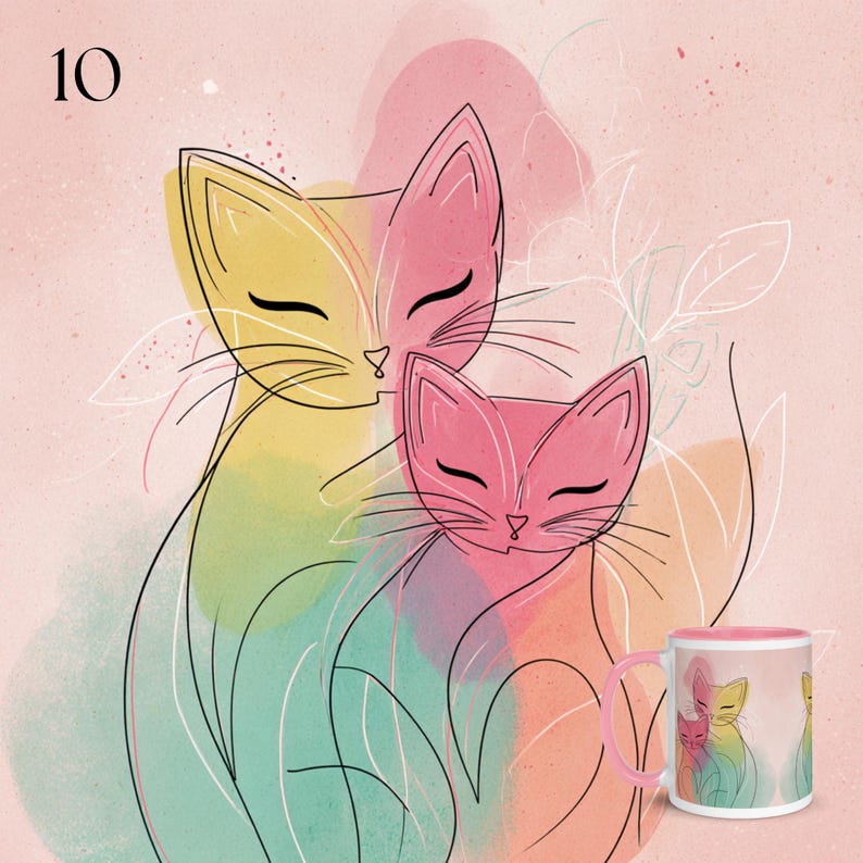 May include: A ceramic mug featuring a line art illustration of two cats with closed eyes, rendered in yellow, pink, and teal watercolor washes against a soft peach background. The number 10 is printed in the top left corner of the design.