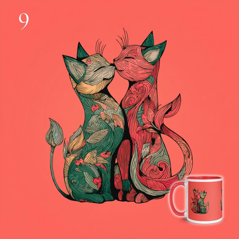 May include: A coral-colored mug with a red interior and a matching handle. The mug features a detailed illustration of two cats kissing, with floral and leaf patterns in green, red, and yellow. The background is a solid coral color.