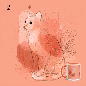 May include: A digital illustration of a cat in shades of orange and peach, with a matching mug. The cat is depicted in a seated pose, with delicate line art details and floral accents. The mug has an orange interior.