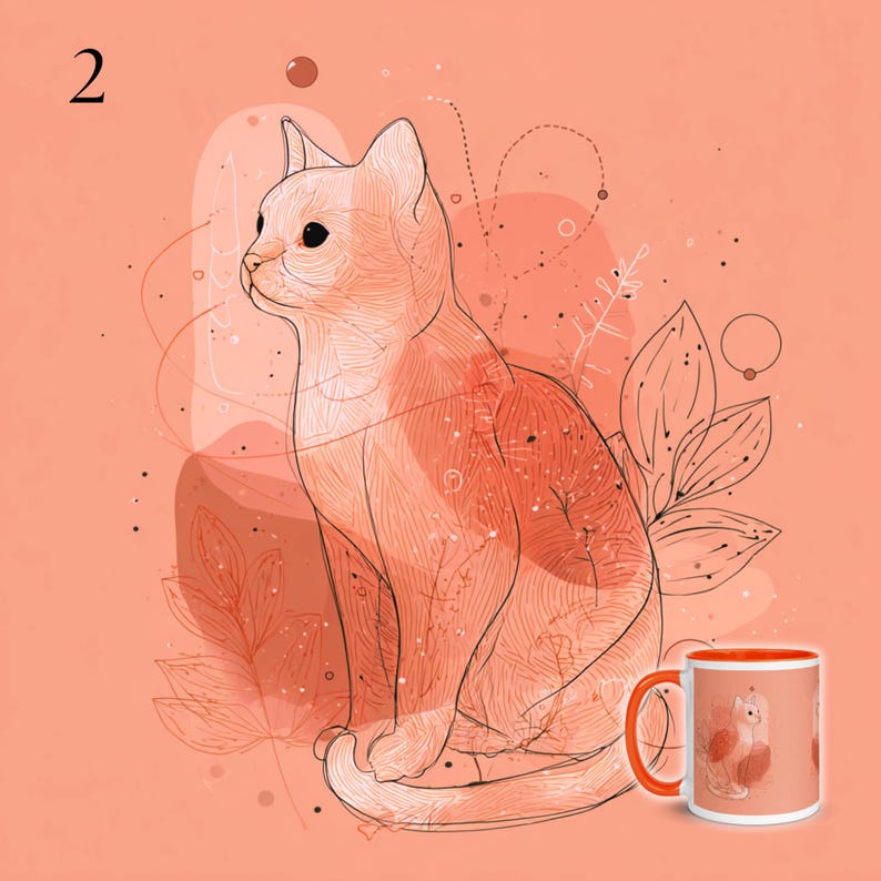 May include: A digital illustration of a cat in shades of orange and peach, with a matching mug. The cat is depicted in a seated pose, with delicate line art details and floral accents. The mug has an orange interior.