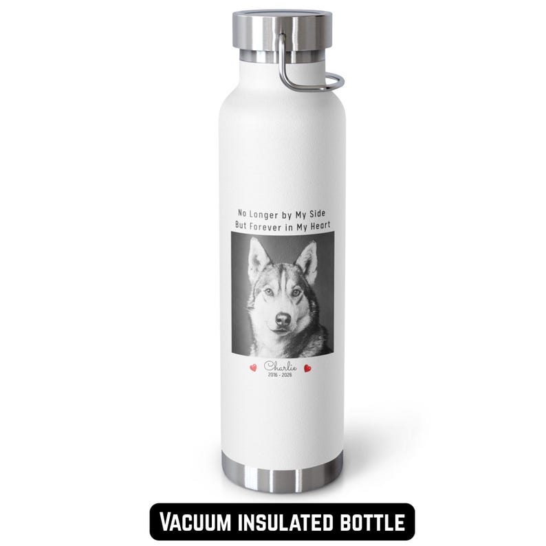 May include: White vacuum insulated bottle with a silver lid and handle. The bottle features a black and white image of a dog with the text "No Longer by My Side But Forever in My Heart" and the name "Charlie" with dates.