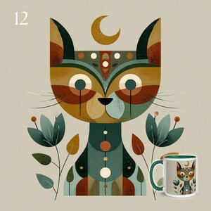 May include: An artistic illustration of a cat with a crescent moon above its head, featuring a geometric design in earthy tones. The cat is surrounded by stylized floral elements. A matching mug with a green handle is also visible.