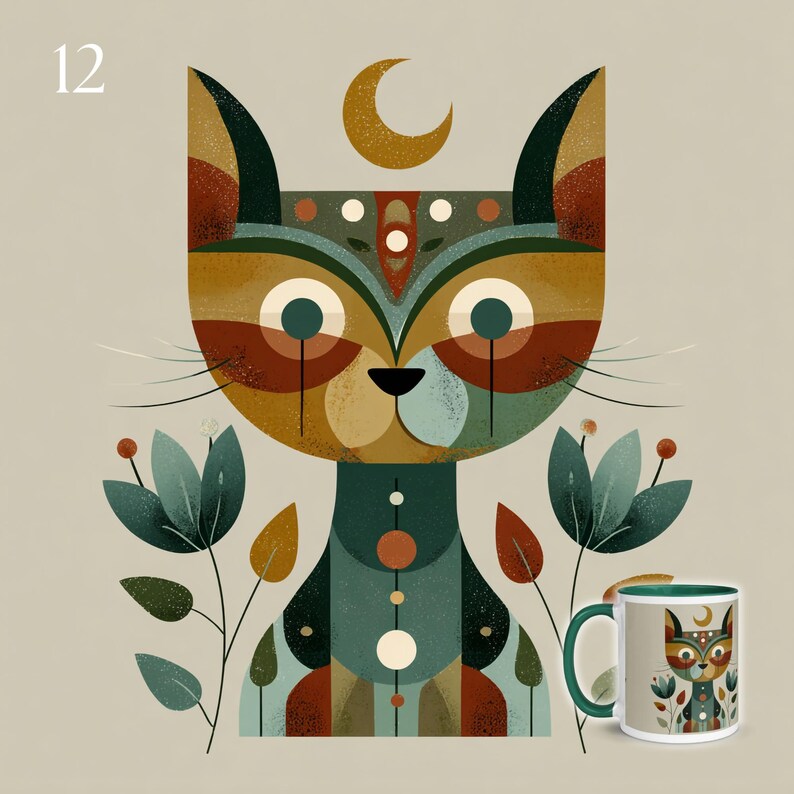 May include: An artistic illustration of a cat with a crescent moon above its head, featuring a geometric design in earthy tones. The cat is surrounded by stylized floral elements. A matching mug with a green handle is also visible.
