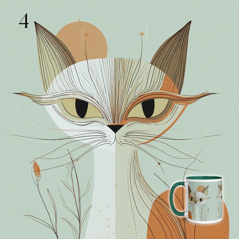 May include: A ceramic mug featuring a stylized cat illustration with a split face design in shades of white, brown, and sage green. The cat has large, almond-shaped eyes, long whiskers, and fine line details. The mug has a dark green handle and rim.