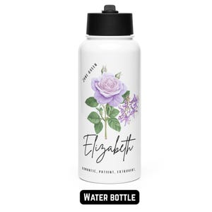 May include: White water bottle with a black lid. It features a purple rose illustration and the name "Elizabeth" in cursive. Text includes "June Queen" and personality traits: "Romantic, Patient, Extrovert." The bottom reads "WATER BOTTLE."