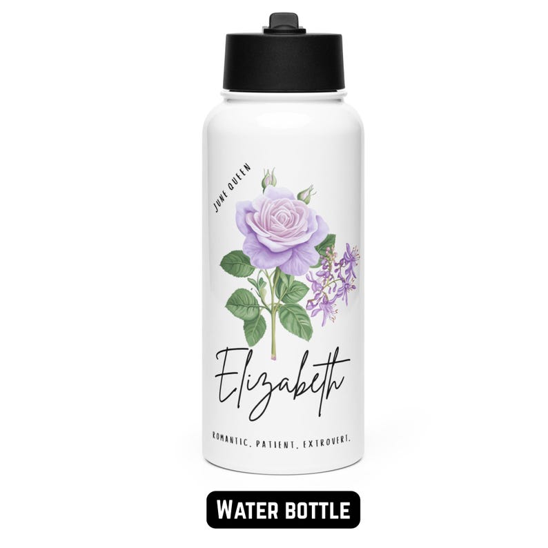 May include: White water bottle with a black lid. It features a purple rose illustration and the name "Elizabeth" in cursive. Text includes "June Queen" and personality traits: "Romantic, Patient, Extrovert." The bottom reads "WATER BOTTLE."