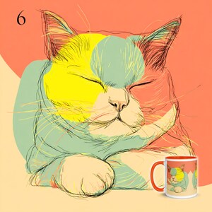 May include: A colorful illustration of a sleeping cat with closed eyes, featuring yellow, green, and peach hues. The number 6 is in the upper left corner. A matching mug with a red handle and rim is in the lower right corner.