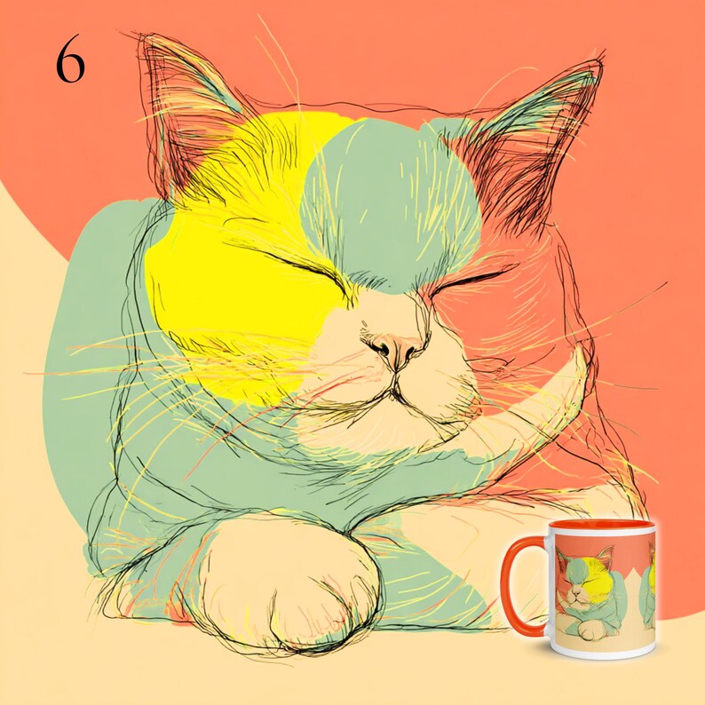 May include: A colorful illustration of a sleeping cat with closed eyes, featuring yellow, green, and peach hues. The number 6 is in the upper left corner. A matching mug with a red handle and rim is in the lower right corner.