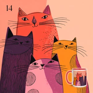 May include: A whimsical illustration of five stylized cats in shades of orange, purple, pink, and yellow. The number "14" is in the upper left corner. A matching mug with the cat design is on the right.