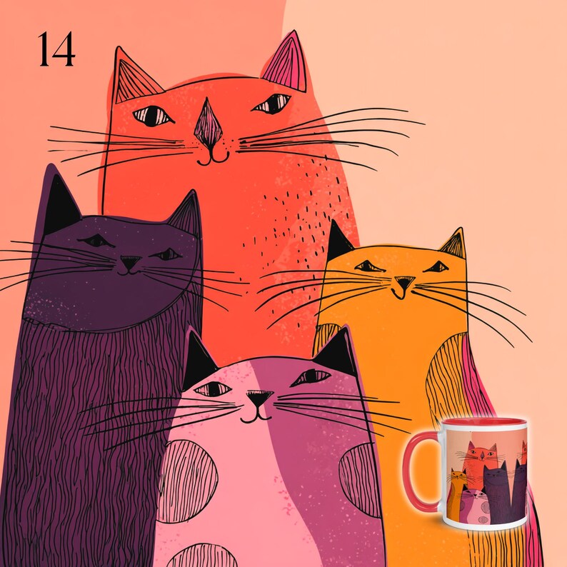 May include: A whimsical illustration of five stylized cats in shades of orange, purple, pink, and yellow. The number "14" is in the upper left corner. A matching mug with the cat design is on the right.