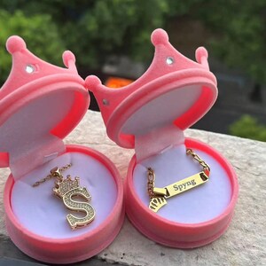 Personalized Kids, Baby Jewelry Set, Name Bracelet, Initial Crown Necklace, Nameplate Necklace