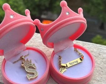 Personalized Kids, Baby Jewelry Set, Name Bracelet, Initial Crown Necklace, Nameplate Necklace
