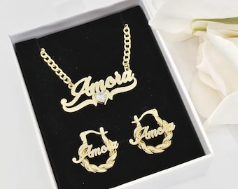 Personalized Kids Jewelry Set: Gold Name Necklace & Hoop Earrings
