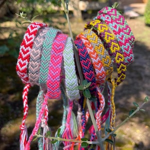 May include: A collection of colorful friendship bracelets with chevron patterns. The bracelets are in various colors, including red, pink, green, and blue, and are displayed on a leafy branch. Each bracelet has braided ends.