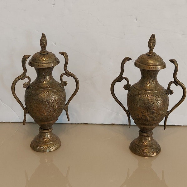 Pair of Antique Indian brass urns with snake handles and lids/