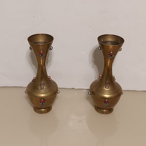 Pair of brass vases with carnelian and turquoise stone /vintage brass vases