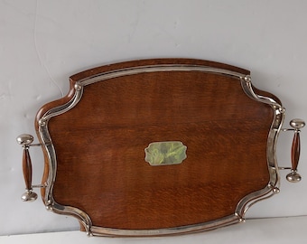Antique victorian oak and silverplate butlers tray/antique drinks tray/oak and silverplate cocktail tray