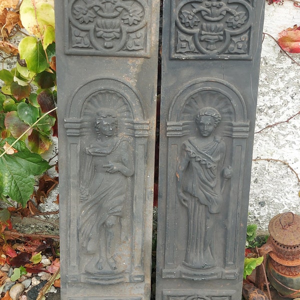 Pair of grecian style metal wall plaques roman male and female figures/antique style themed fireplace surrounds/fireplace /wall panels/fire