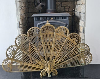 Vintage brass single sided Griffin peacock firescreen/retro brass decor/brass fireguard