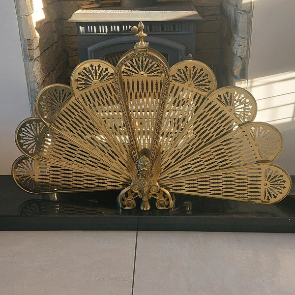 Antique vintage polished brass peacock fire screen/brass peacock fireguard/Griffin firescreen/peacock fan fireguard/fireplace screen