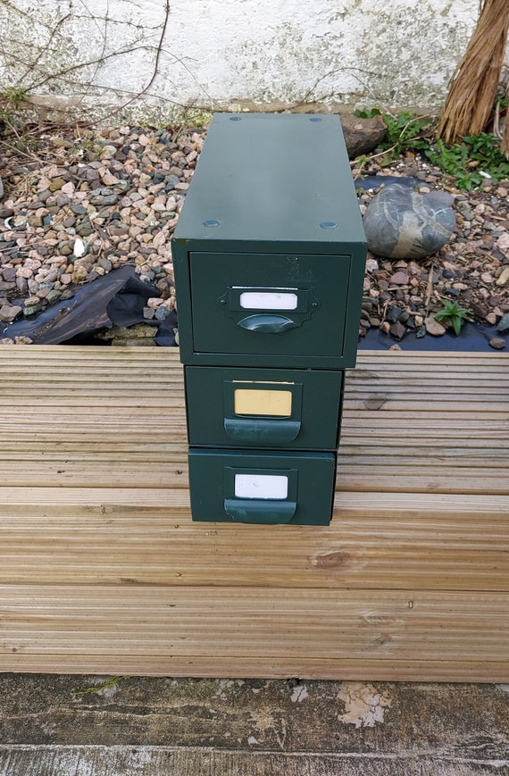 Vintage industrial army green stackable desktop metal filing cabinets