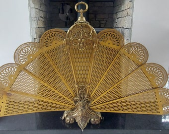 Großer Vintage Antik Messing Pfau Feuerschirm
