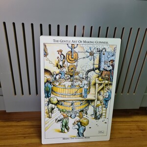 May include: A vintage illustration depicting the process of making Guinness beer. The image shows a cartoon-style factory with workers and a large vat labeled "Mixing the Guinness Mash". The text "The Gentle Art of Making Guinness" is at the top of the image.