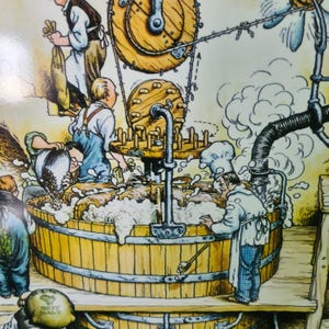 May include: A vintage illustration of a large wooden barrel with a metal lid and a metal pipe. The barrel is filled with a foamy white substance. There are several people in the illustration, including a person wearing a chef's hat and a person wearing a blue shirt and overalls. The illustration is set in a factory setting with pipes and gears.