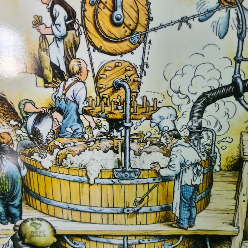 May include: A vintage illustration of a large wooden barrel with a metal lid and a metal pipe. The barrel is filled with a foamy white substance. There are several people in the illustration, including a person wearing a chef's hat and a person wearing a blue shirt and overalls. The illustration is set in a factory setting with pipes and gears.