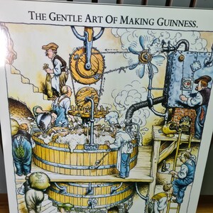 May include: A cartoon illustration depicting the process of making Guinness beer. The image shows a series of pipes, tanks, and workers in a brewery setting. The text "The Gentle Art of Making Guinness." is at the top of the image.