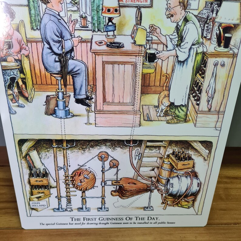 Puede incluir: Una ilustraci&oacute;n vintage que representa el proceso de servir la primera Guinness del d&iacute;a. La ilustraci&oacute;n muestra el interior de un pub con un barman sirviendo una pinta de Guinness, un cliente sentado en la barra y un gato sentado en el suelo. La parte inferior de la ilustraci&oacute;n muestra un sistema complejo de tuber&iacute;as y palancas que llevan la Guinness desde la bodega hasta la barra.