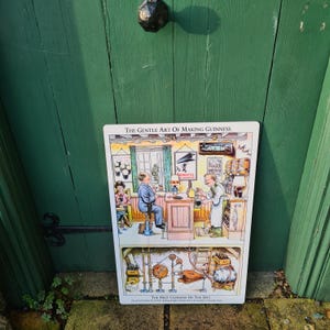 Puede incluir: Un letrero de metal de estilo vintage con una ilustraci&oacute;n de dibujos animados que representa el proceso de elaboraci&oacute;n de Guinness. El letrero dice "The Gentle Art of Making Guinness" y "The First Guinness of the Day".
