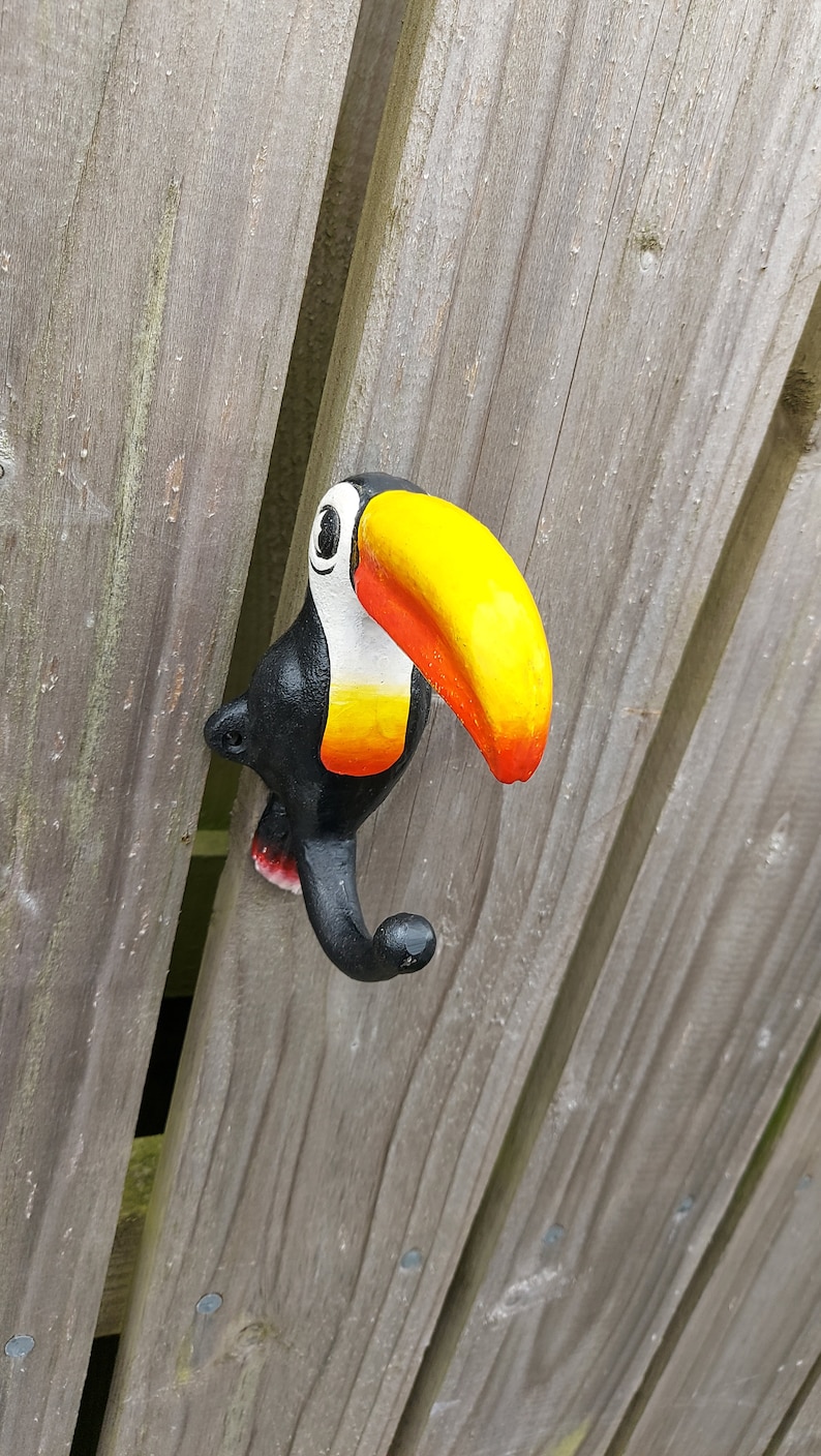 May include: A black toucan-shaped hook with a yellow beak, orange and white accents, mounted on a wooden fence.