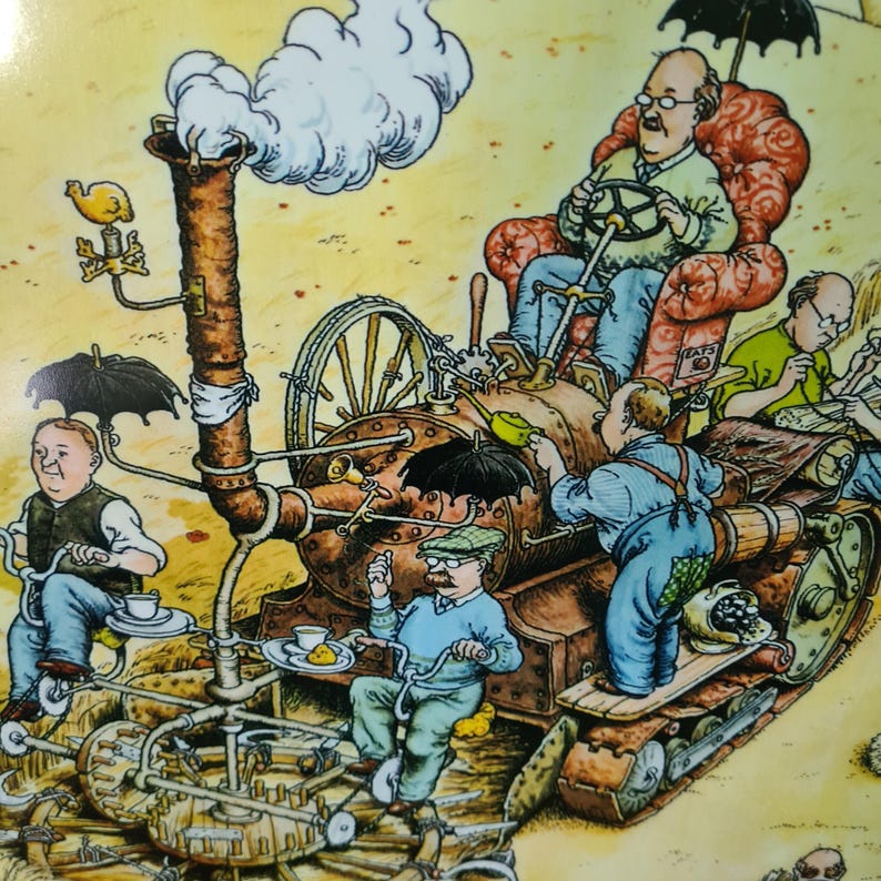 K&ouml;nnte beinhalten: Eine skurrile Illustration eines dampfbetriebenen Gef&auml;hrts mit einer Gruppe von Menschen, die darauf reiten. Das Fahrzeug hat einen gro&szlig;en, rostigen Kessel, einen Schornstein mit Rauch und eine Reihe von R&auml;dern und Zahnr&auml;dern. Eine Person sitzt in einem roten Sessel und steuert das Fahrzeug mit einem gro&szlig;en Rad. Eine andere Person steht auf der R&uuml;ckseite des Fahrzeugs und h&auml;lt einen Regenschirm. Das Fahrzeug f&auml;hrt auf einem Feldweg.