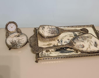 Vanity Asian scene vanity dressing table set/Vintage 4 piece dressing table set/Vintage brass filigree tray with Japanese scene