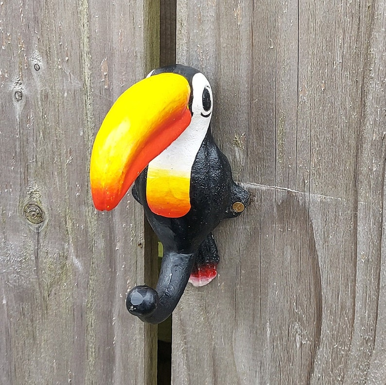 May include: A black and yellow toucan bird hook with a red beak and white accents. The hook is mounted on a wooden surface.