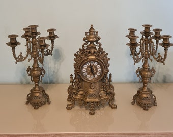 Gold gilt metal clock and gold gilt metal candleabra/clock set/