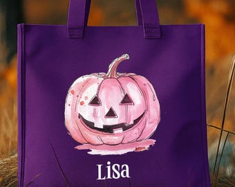 Personalized Halloween Tote Bag: Custom Name Pink Pumpkin Totes