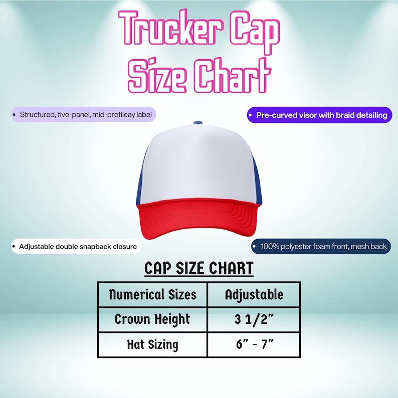 the trucker cap size chart is shown