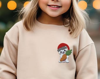 Embroidered Cute Rabbit Christmas Pocket Sweatshirt & Hoodie: Christmas Bunny Kids Outfit Xmas Gift