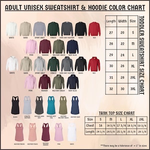 a women's long sleeved shirt and hoodie color chart