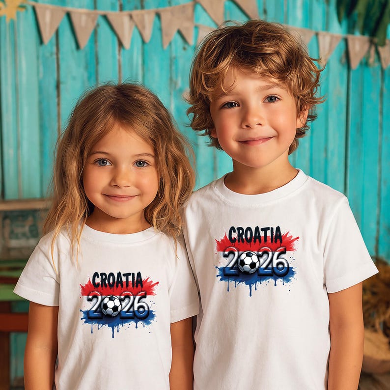 May include: Two children wearing white t-shirts with the text "CROATIA 2026" in red, white, and blue, with a soccer ball graphic. The design has a distressed, paint-splatter effect. The children are smiling.
