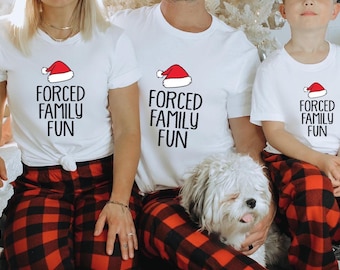Sarcastic Christmas Family Tee: 'Forced Family Fun' Santa Hat Shirt Xmas Sweater & Hoodie