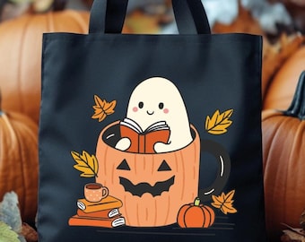 Bookish Ghost Halloween Tote Bag: Pumpkin Design