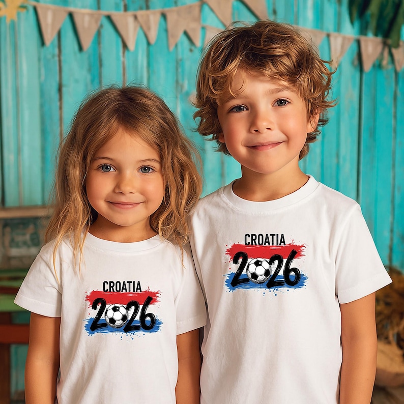 以下が含まれることがあります： 白いTシャツを着た2人の子供たち。各シャツには「CROATIA」の文字と数字「2026」、サッカーボールのグラフィックが赤と青のペイントストロークの上に配置されています。子供たちは笑顔です。