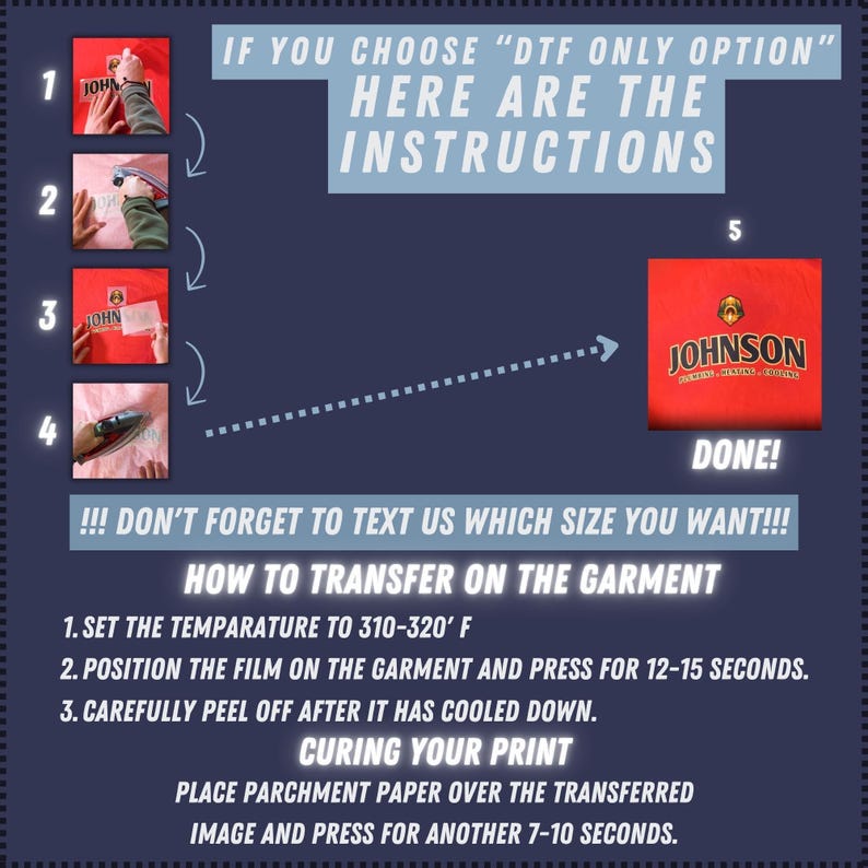 The image is a step-by-step guide with instructions on how to transfer a design onto a garment using a printer. It includes images of hands holding a printer and a red garment, as well as text providing the instructions.
